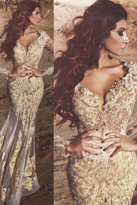 Gorgeous Long Sleeves Lace Appliques Prom Dresses Fit and Flare Beads Sheer Tulle Wholesale Evening Gowns