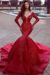 Gorgeous Long Sleevess Mermaid Evening Dresses with Train Hot Backless Lace Crystal Prom Dresses-Ballbella