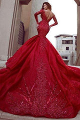 Gorgeous Long Sleevess Mermaid Evening Dresses with Train Hot Backless Lace Crystal Prom Dresses-Ballbella