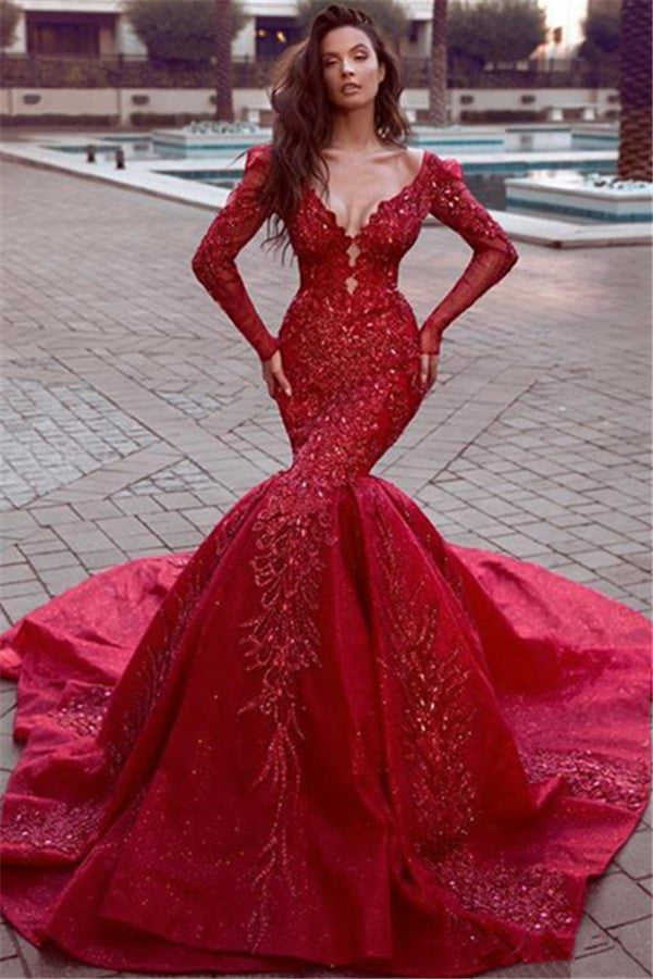 Gorgeous Long Sleevess Mermaid Evening Dresses with Train Hot Backless Lace Crystal Prom Dresses Gorgeous Long Sleevess Mermaid Evening Dresses with Train Hot Backless Lace Crystal Prom Dresses