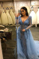 Gorgeous Long Sleevess V-Neck Lace Beaded Mermaid Prom Dresses with Over Skirt-Ballbella