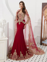 Gorgeous Luxury Evening Dresses Embroidered Beaded Queen Anneneck Long Sleeve Formal Gowns With Cloak-Ballbella