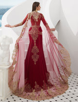 Gorgeous Luxury Evening Dresses Embroidered Beaded Queen Anneneck Long Sleeve Formal Gowns With Cloak-Ballbella