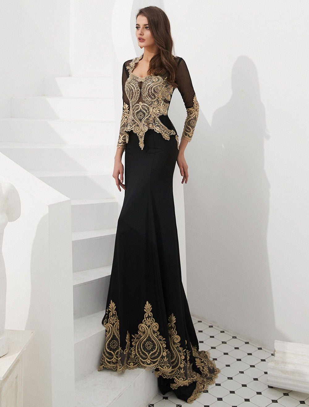 Gorgeous Luxury Evening Dresses Embroidered Beaded Queen Anneneck Long Sleeve Formal Gowns with Cloak Gorgeous Luxury Evening Dresses Embroidered Beaded Queen Anneneck Long Sleeve Formal Gowns with Cloak