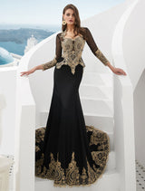 Gorgeous Luxury Evening Dresses Embroidered Beaded Queen Anneneck Long Sleeve Formal Gowns With Cloak-Ballbella