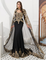 Gorgeous Luxury Evening Dresses Embroidered Beaded Queen Anneneck Long Sleeve Formal Gowns With Cloak-Ballbella