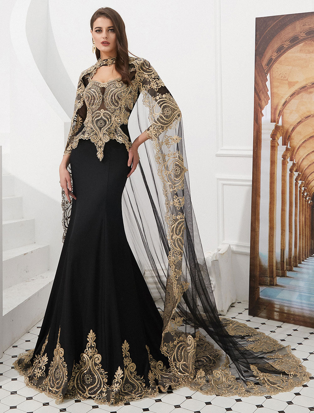 Gorgeous Luxury Evening Dresses Embroidered Beaded Queen Anneneck Long Sleeve Formal Gowns With Cloak Gorgeous Luxury Evening Dresses Embroidered Beaded Queen Anneneck Long Sleeve Formal Gowns With Cloak