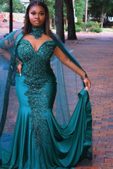 Gorgeous Mermaid Evening Gowns Long Sleeves Appliques Floor Length Cape-Ballbella