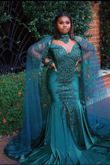 Gorgeous Mermaid Evening Gowns Long Sleeves Appliques Floor Length Cape-Ballbella