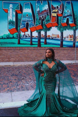 Gorgeous Mermaid Evening Gowns Long Sleeves Appliques Floor Length Cape-Ballbella