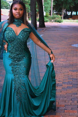 Gorgeous Mermaid Evening Gowns Long Sleeves Appliques Floor Length Cape-Ballbella
