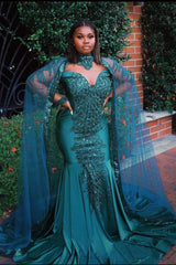 Gorgeous Mermaid Evening Gowns Long Sleeves Appliques Floor Length Cape-Ballbella