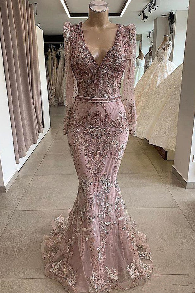 Gorgeous Mermaid Lace Beading V-neck Long Sleevess Prom Dresses Evening Gowns With Beading Waistband Gorgeous Mermaid Lace Beading V-neck Long Sleevess Prom Dresses Evening Gowns With Beading Waistband