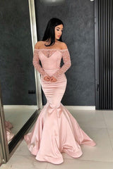 Gorgeous Mermaid Off-the-Shoulder Prom Gowns Long Sleeves Lace Evening Dresses-Ballbella