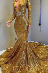 Gorgeous Mermaid Sequins Long Sleevess Floor Length Prom Dresses-Ballbella