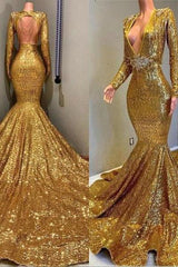 Gorgeous Mermaid Sequins Long Sleevess Floor Length Prom Dresses-Ballbella