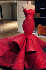 Gorgeous Mermaid Strapless Beadings Prom Party Gowns with Court Train-Ballbella