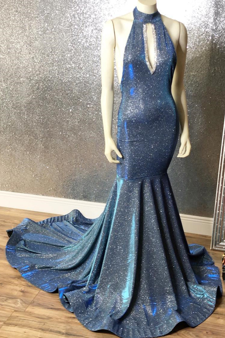 Gorgeous Navy Blue Long Mermaid V-Neck Prom Dress Spaghetti-Straps   Ballbella