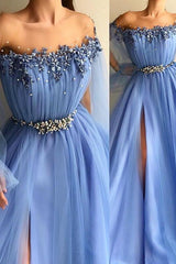 Gorgeous Off-The-Shoulder Appliques Tulle A-Line Prom Party Gowns-Ballbella