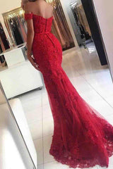 Gorgeous Off-the-shoulder Lace Appliques Red Mermaid Evening Dress-Ballbella