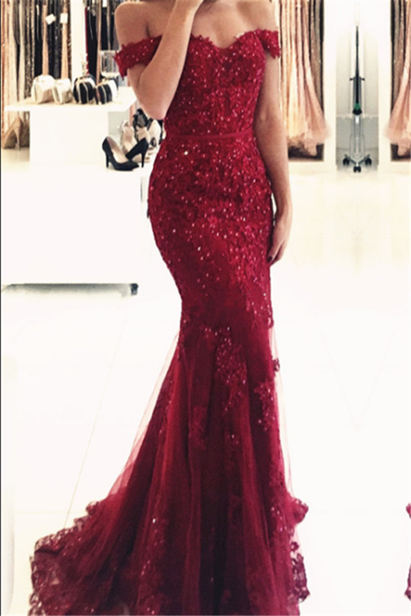 Gorgeous Off-the-shoulder Lace Appliques Red Mermaid Evening Dress Gorgeous Off-the-shoulder Lace Appliques Red Mermaid Evening Dress