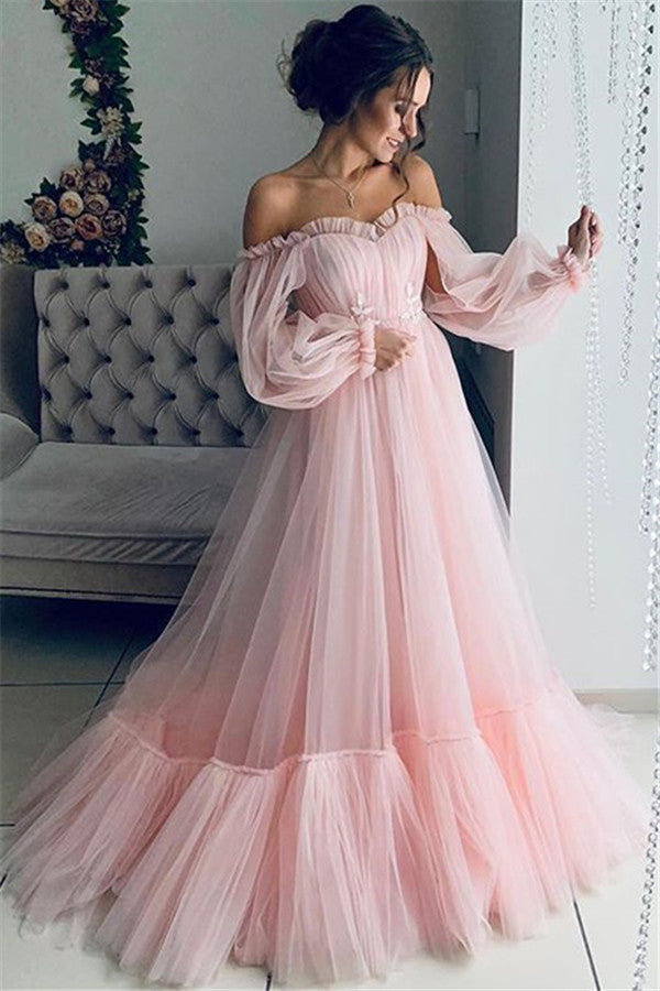 Gorgeous Off-The-Shoulder Long-Sleeves Sheer-Tulle A-Line Prom Party G Ballbella Gorgeous Off-The-Shoulder Long-Sleeves Sheer-Tulle A-Line Prom Party G Ballbella