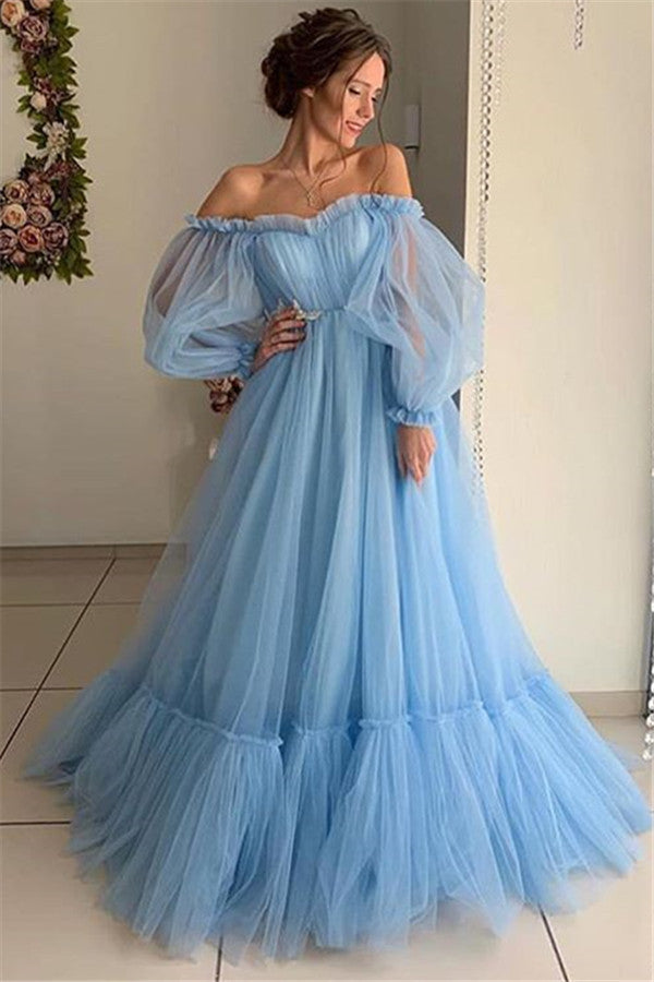 Gorgeous Off-The-Shoulder Long-Sleeves Sheer-Tulle A-Line Prom Party Gowns Gorgeous Off-The-Shoulder Long-Sleeves Sheer-Tulle A-Line Prom Party Gowns