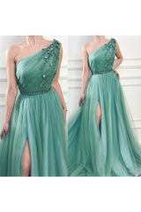 Gorgeous One Shoulder Green Tulle Prom Party Gowns with Beading Chic Front Slit Long Prom Party Gowns with Beading Sash-Ballbella