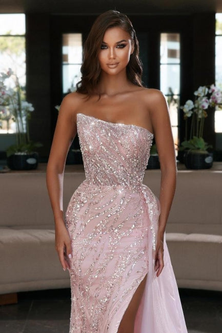 Gorgeous Pink Sequins Sleeveless Long Mermaid Prom Dress Split Online Gorgeous Pink Sequins Sleeveless Long Mermaid Prom Dress Split Online