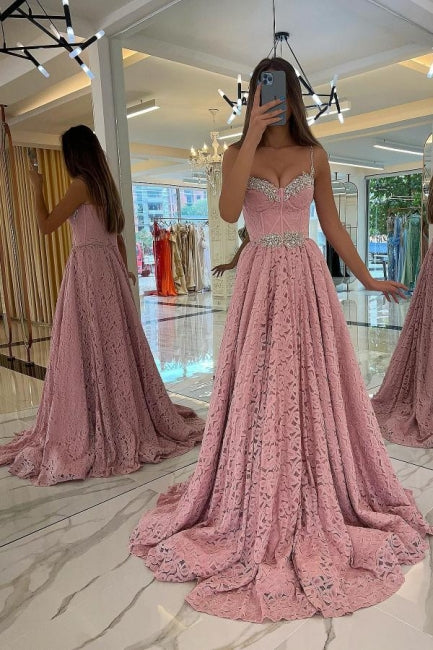 Gorgeous Pink Spaghetti-Straps Prom Dress Lace Holiday Dress Long Gorgeous Pink Spaghetti-Straps Prom Dress Lace Holiday Dress Long