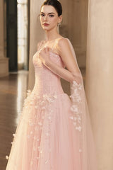 Gorgeous Pink Spaghetti-Straps Tulle Prom Dresses A-Line Ribbon Sleeveless With Beads Flower-Ballbella