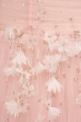 Gorgeous Pink Spaghetti-Straps Tulle Prom Dresses A-Line Ribbon Sleeveless With Beads Flower-Ballbella