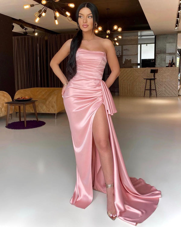 Gorgeous Pink Strapless Pleated Prom Dress Mermaid Long With Slit-Ballbella