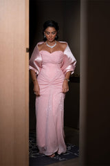 Gorgeous Pink Sweetheart Strapless Sequins Prom Dresses Detachable Wrap Sheath With Pleats-Ballbella