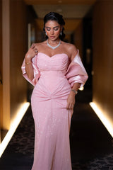 Gorgeous Pink Sweetheart Strapless Sequins Prom Dresses Detachable Wrap Sheath With Pleats-Ballbella