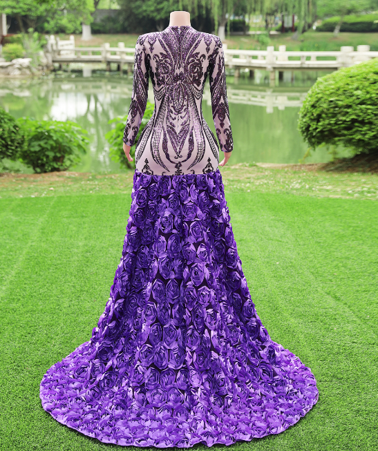 Gorgeous Purple Long Sleeves V-Neck Prom Dress Sequins With Flowers Gorgeous Purple Long Sleeves V-Neck Prom Dress Sequins With Flowers