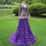 Gorgeous Purple Long Sleeves V-Neck Prom Dress Sequins With Flowers-Ballbella