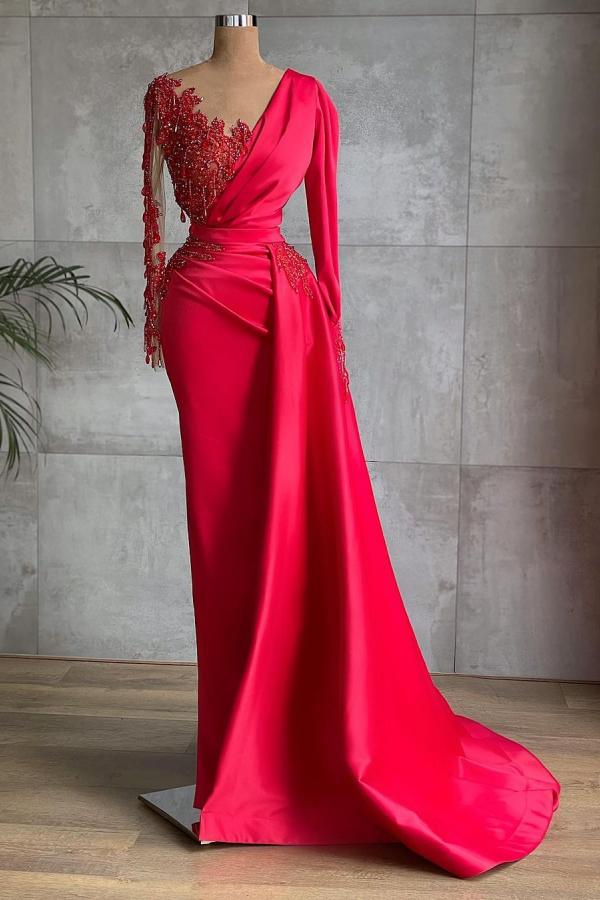 Gorgeous Red Long Sleeve Mermaid Evening Dress Lace Appliques Prom Gown Ruffles-Ballbella
