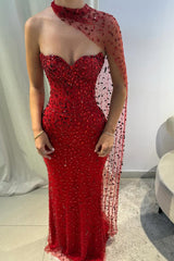 Gorgeous Red Sweetheart Mermaid Prom Dresses Sleeveless Strapless With Gem-Ballbella