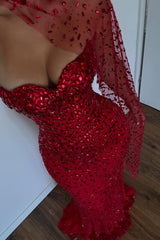 Gorgeous Red Sweetheart Mermaid Prom Dresses Sleeveless Strapless With Gem-Ballbella