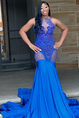 Gorgeous Royal Blue Jewel Crystal Mermaid Sleeveless Prom Dress-Ballbella