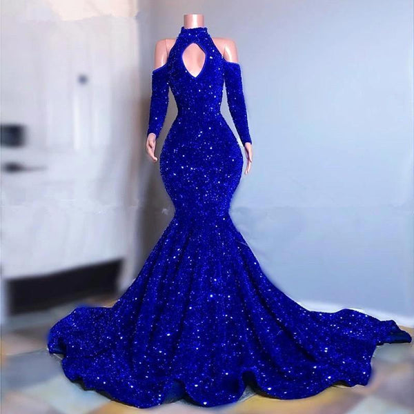 Gorgeous Royal Blue Long Sleeves Prom Dress Mermaid Long With Sequins-Ballbella