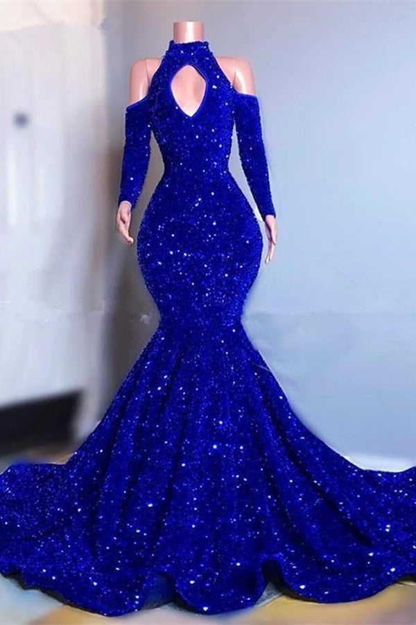 Gorgeous Royal Blue Long Sleeves Prom Dress Mermaid Long With Sequins-Ballbella