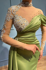Gorgeous Sage Green High Neck Prom Dress Mermaid Long Sleeves-Ballbella