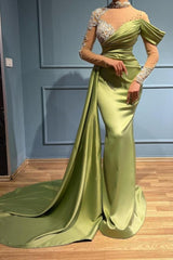Gorgeous Sage Green High Neck Prom Dress Mermaid Long Sleeves-Ballbella