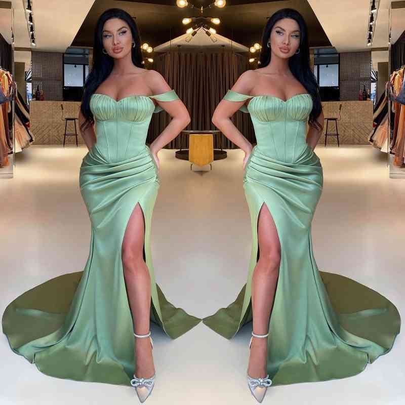 Gorgeous Sage Green Off-The-Shoulder Prom Dress Mermaid Slit Gorgeous Sage Green Off-The-Shoulder Prom Dress Mermaid Slit