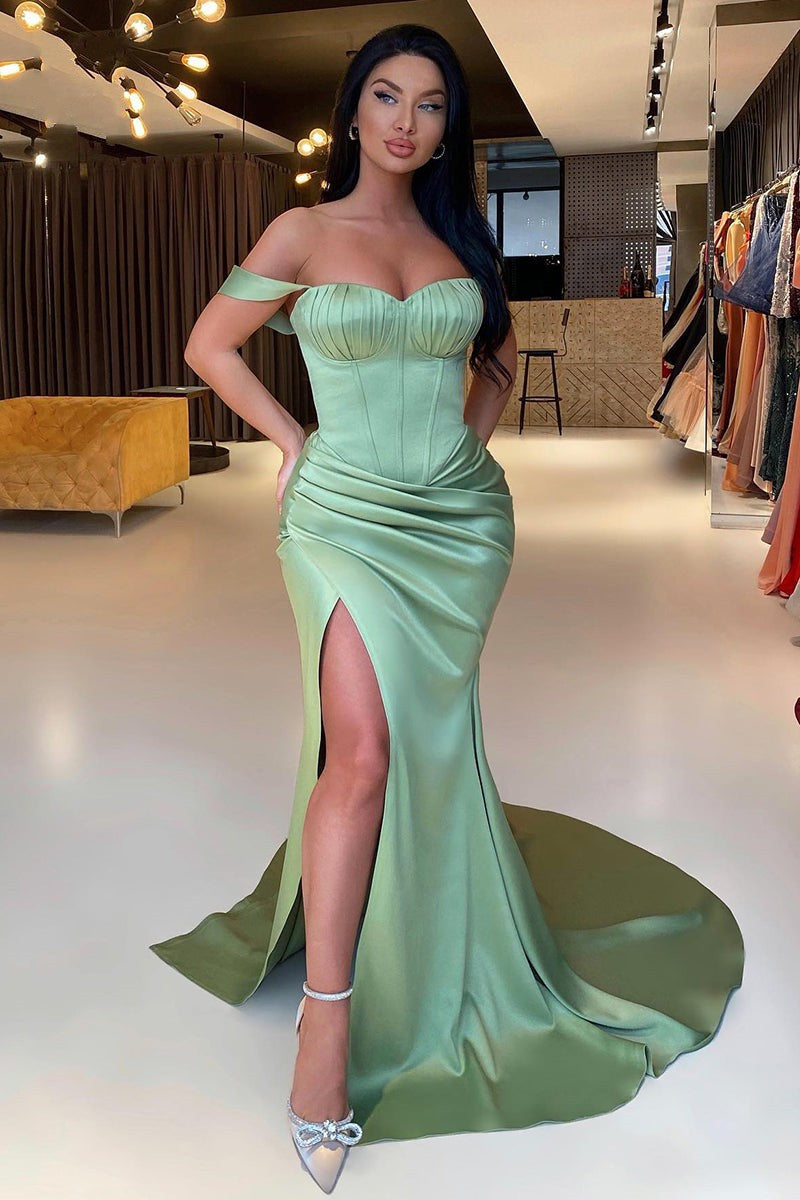 Gorgeous Sage Green Off-The-Shoulder Prom Dress Mermaid Slit Gorgeous Sage Green Off-The-Shoulder Prom Dress Mermaid Slit