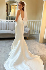 Gorgeous Satin Mermaid Wedding Dresses Spaghetti-Straps V-Neck Sleeveless Open Back With Buttons-Ballbella