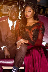 Gorgeous Scoop Long Sleevess Appliques Tulle Mermaid Floor-Length Prom Dresses-Ballbella