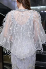 Gorgeous Silver Feather Cape Mermaid Sparkle Prom Party Gowns-Ballbella